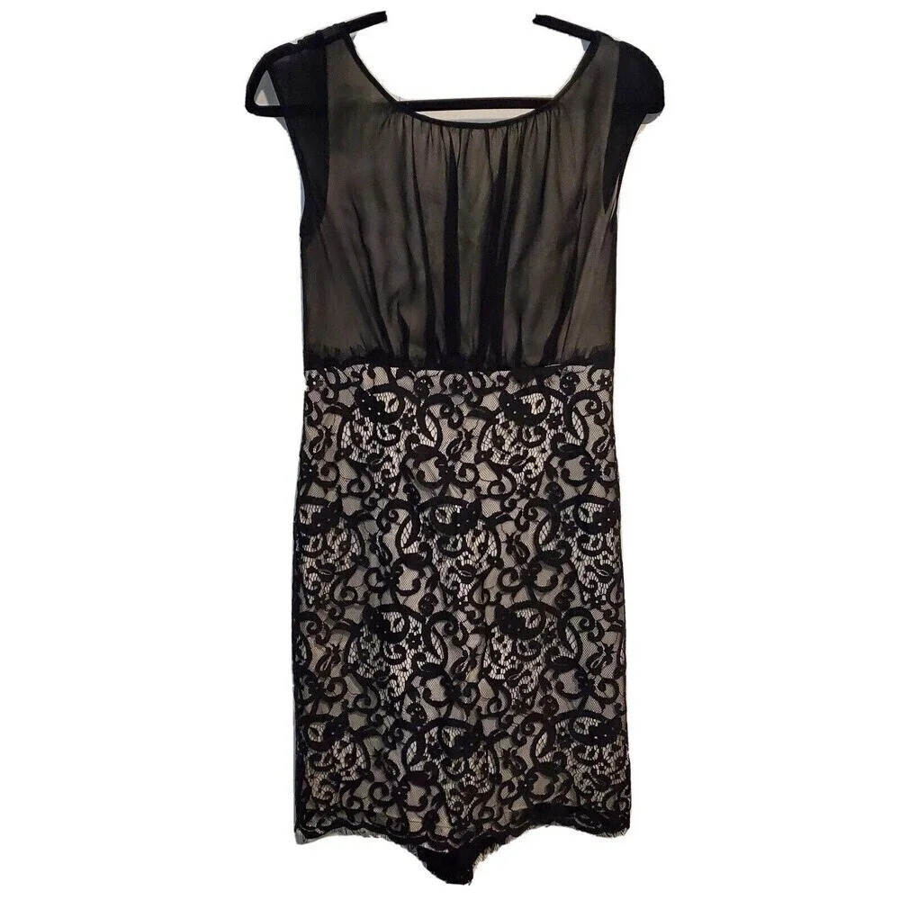 Max Studio Dress Womens Medium Black Ivory Lace Party Cap Sleeve Ruffle Cocktail